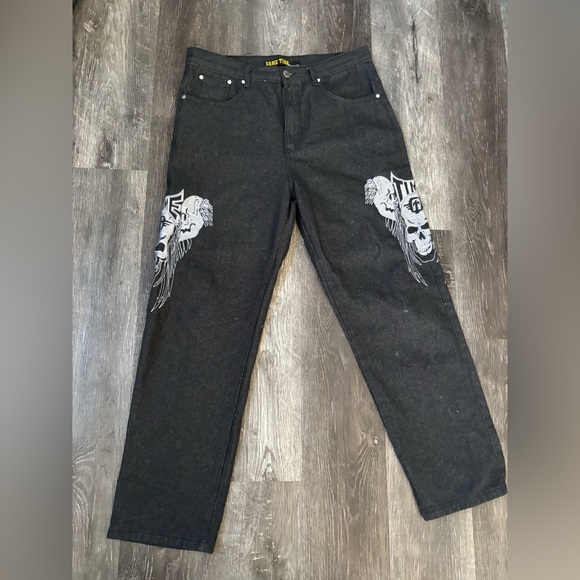 Game Time y2K black denim baggy jeans embroidered skulls oversized fit - Picture 2 of 6